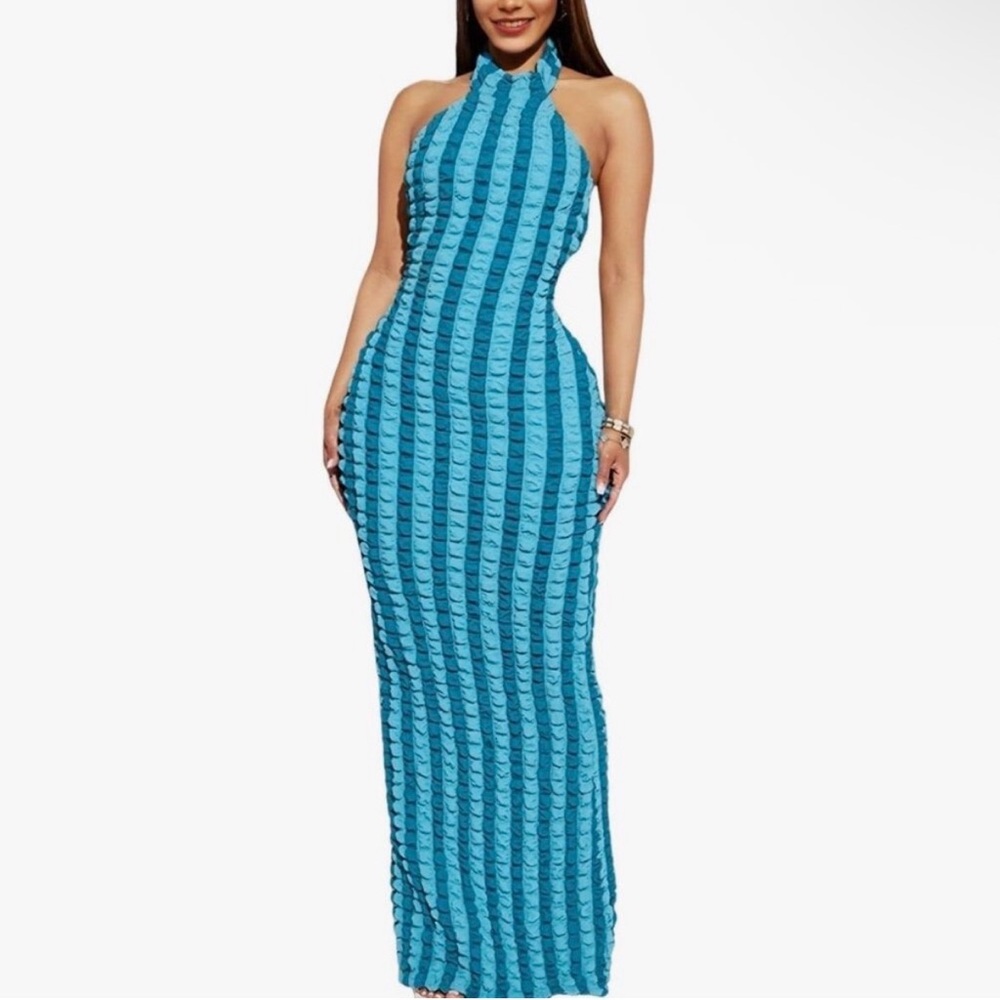 Fashion Nova Blue Two Toned Textured Halter Maxi Dress – Size Medium (NWT)